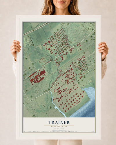 Map of Trainer, Pennsylvania, 24 x 36 inch print in a white wood frame