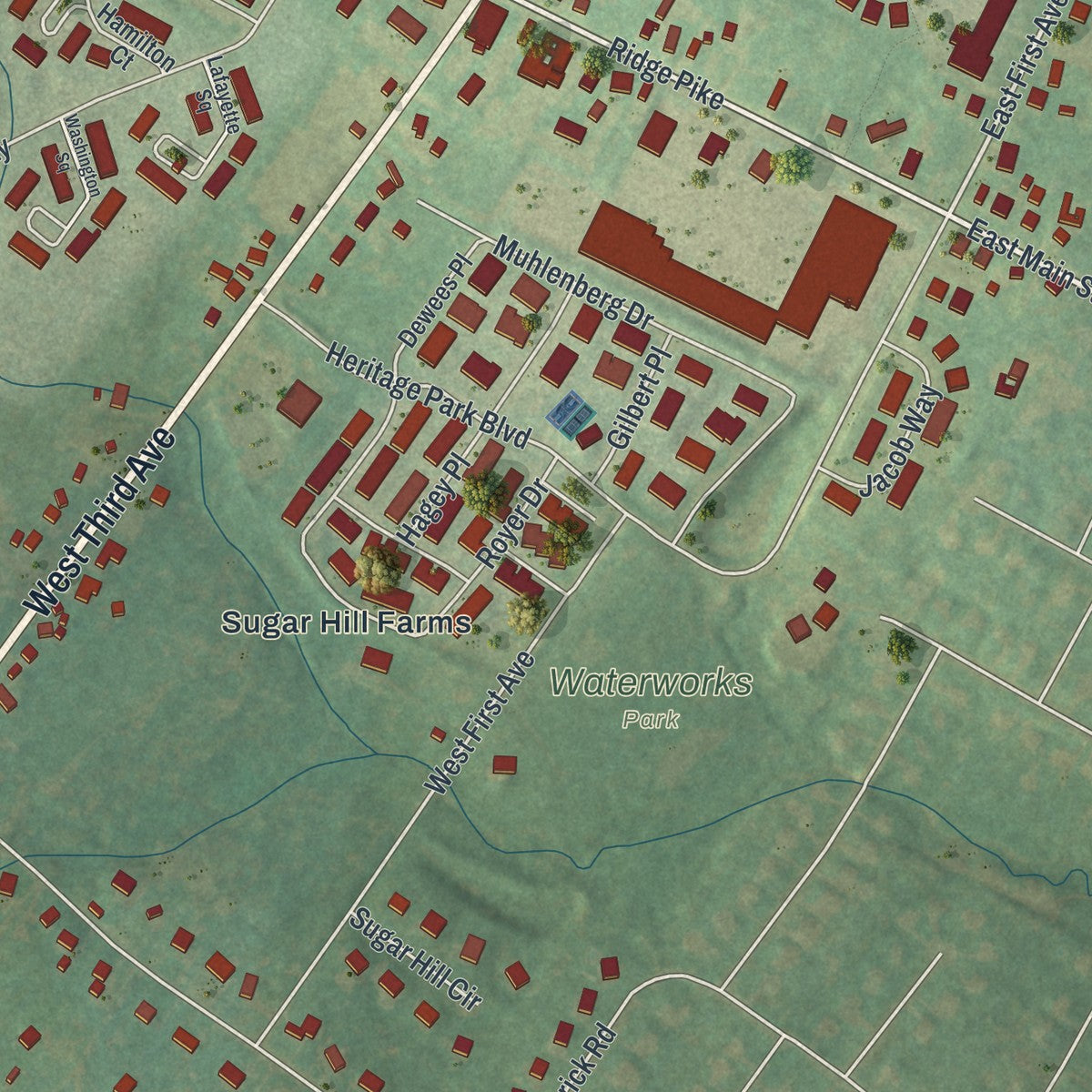 Close-up of the map of Trappe, Pennsylvania print showing street and building detail
