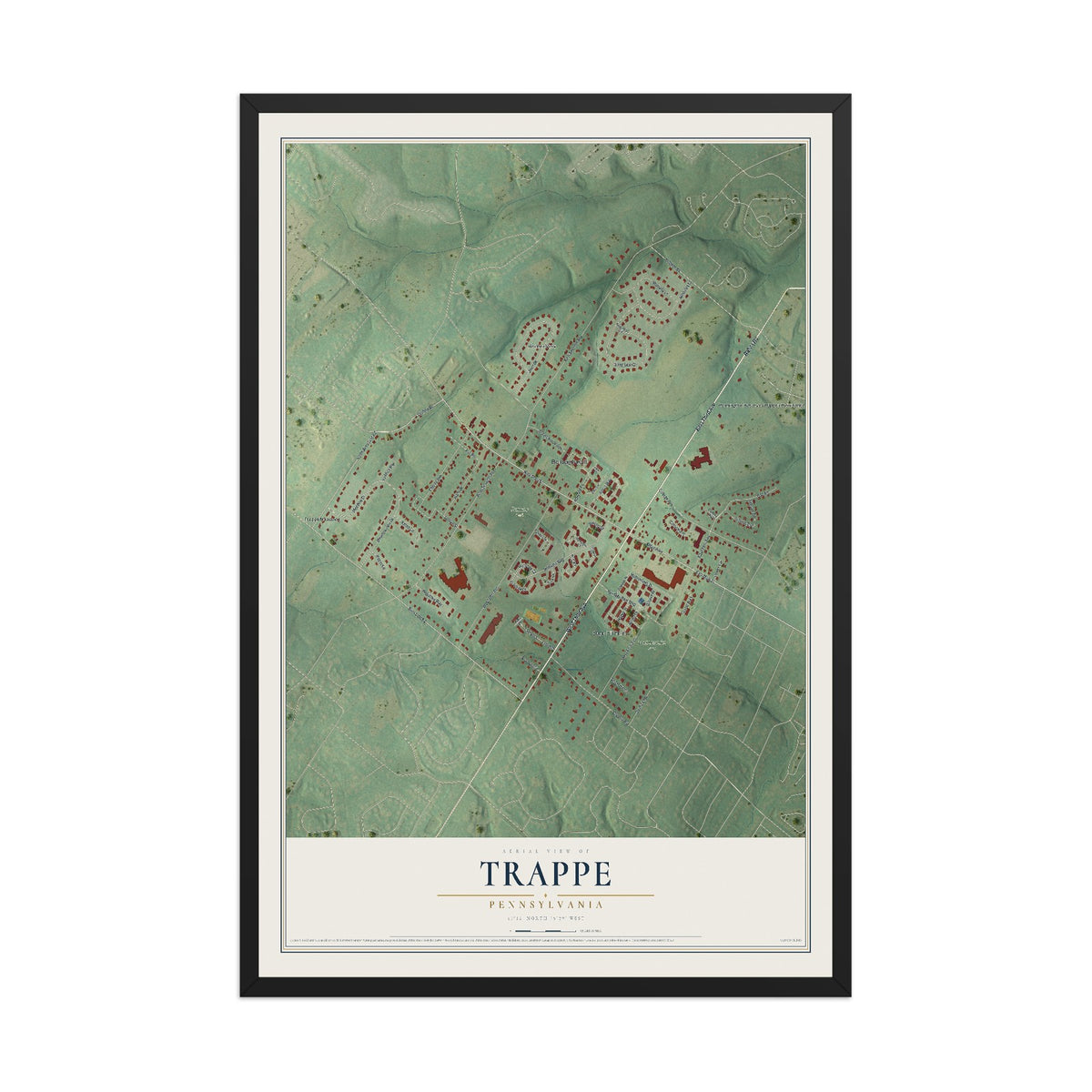Map of Trappe, Pennsylvania, 12 x 18 inch print in a black wood frame