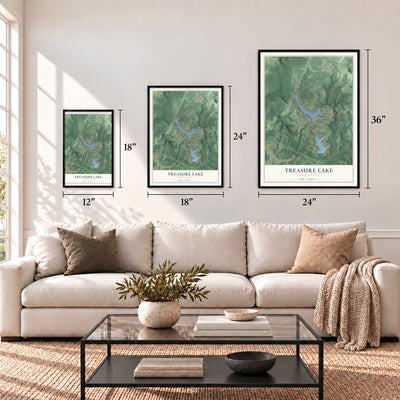 Treasure Lake, Pennsylvania map in 12 x 18, 18 x 24 and 24 x 36 inch sizes above a sofa