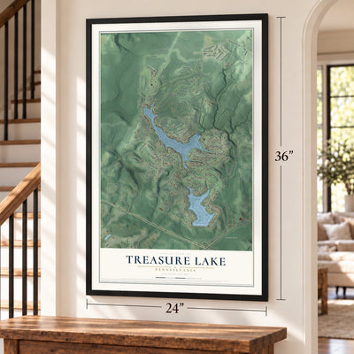 Treasure Lake, Pennsylvania map, 24 x 36 inch print in a black frame by a staircase