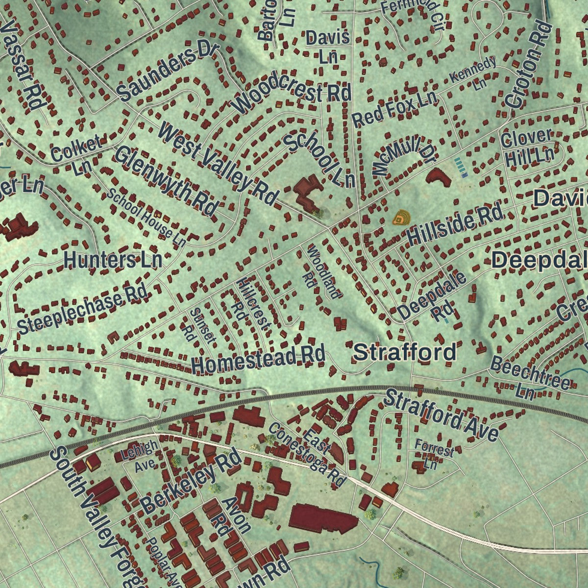 Close-up of the map of Tredyffrin, Pennsylvania print showing street and building detail