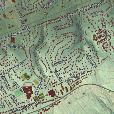 Second close-up of the map of Tredyffrin, Pennsylvania print showing more streets and buildings