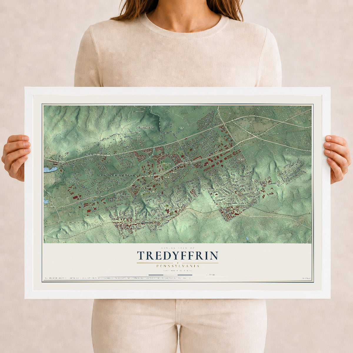 Map of Tredyffrin, Pennsylvania, 12 x 18 inch print in a white wood frame