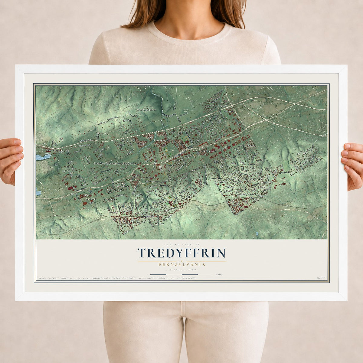 Map of Tredyffrin, Pennsylvania, 18 x 24 inch print in a white wood frame