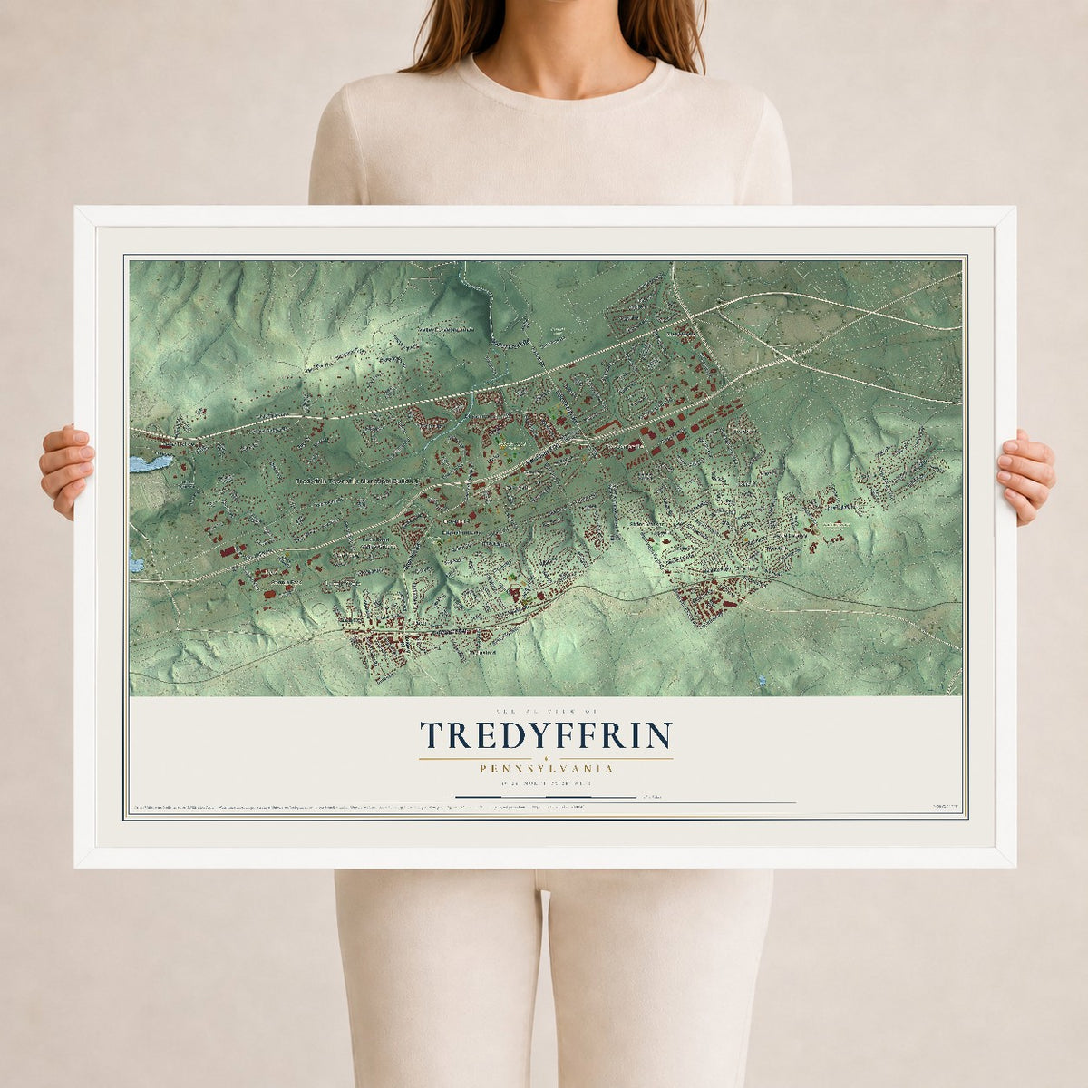 Map of Tredyffrin, Pennsylvania, 24 x 36 inch print in a white wood frame