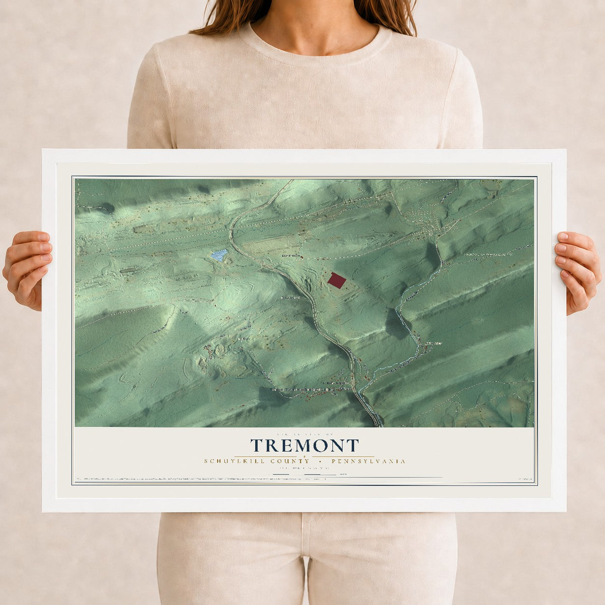 Map of Tremont, Schuylkill County, Pennsylvania, 12 x 18 inch print in a white wood frame