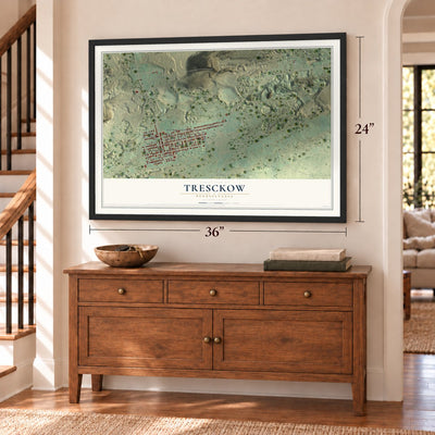 Tresckow, Pennsylvania map, 24 x 36 inch print in a black frame above a dresser by a staircase