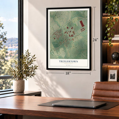 Trexlertown, Pennsylvania map, 18 x 24 inch print in a black frame in a home office