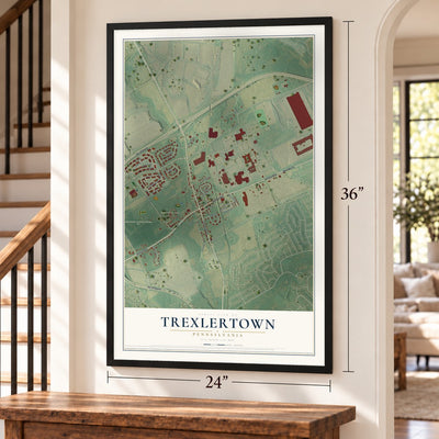 Trexlertown, Pennsylvania map, 24 x 36 inch print in a black frame by a staircase