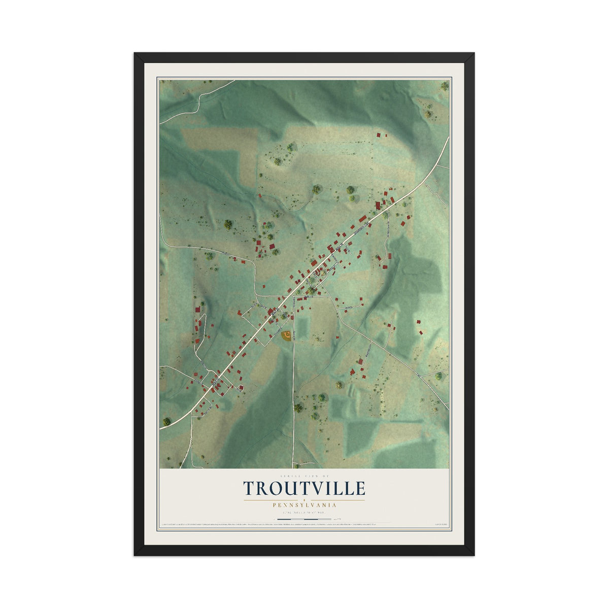 Map of Troutville, Pennsylvania, 12 x 18 inch print in a black wood frame