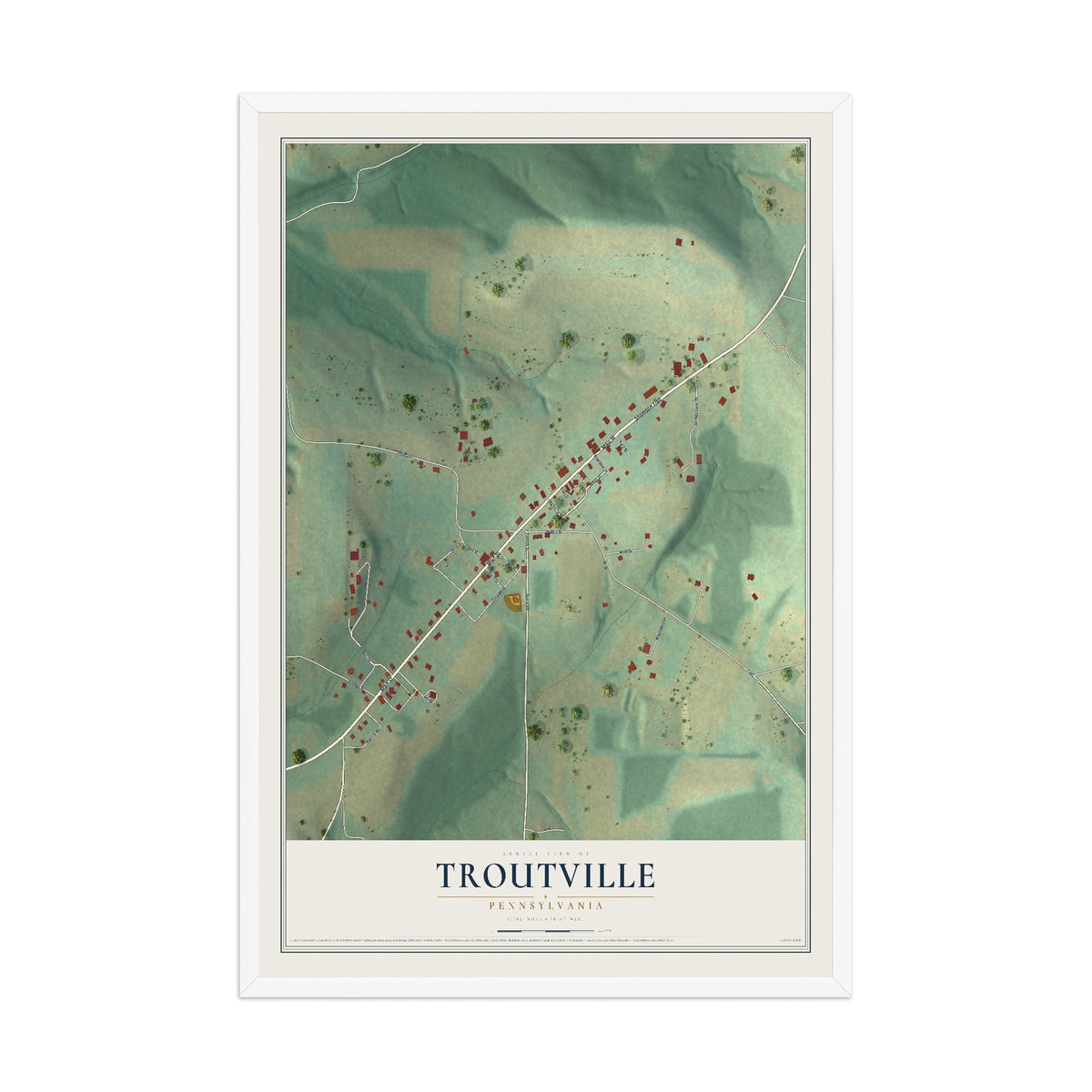 Map of Troutville, Pennsylvania, 12 x 18 inch print in a white wood frame