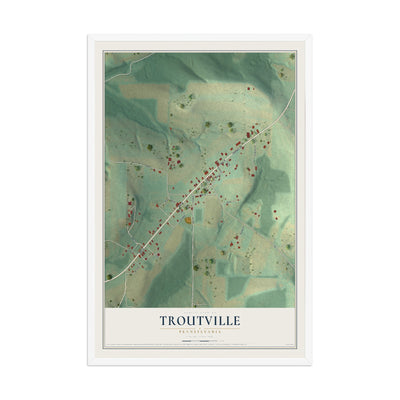 Map of Troutville, Pennsylvania, 12 x 18 inch print in a white wood frame