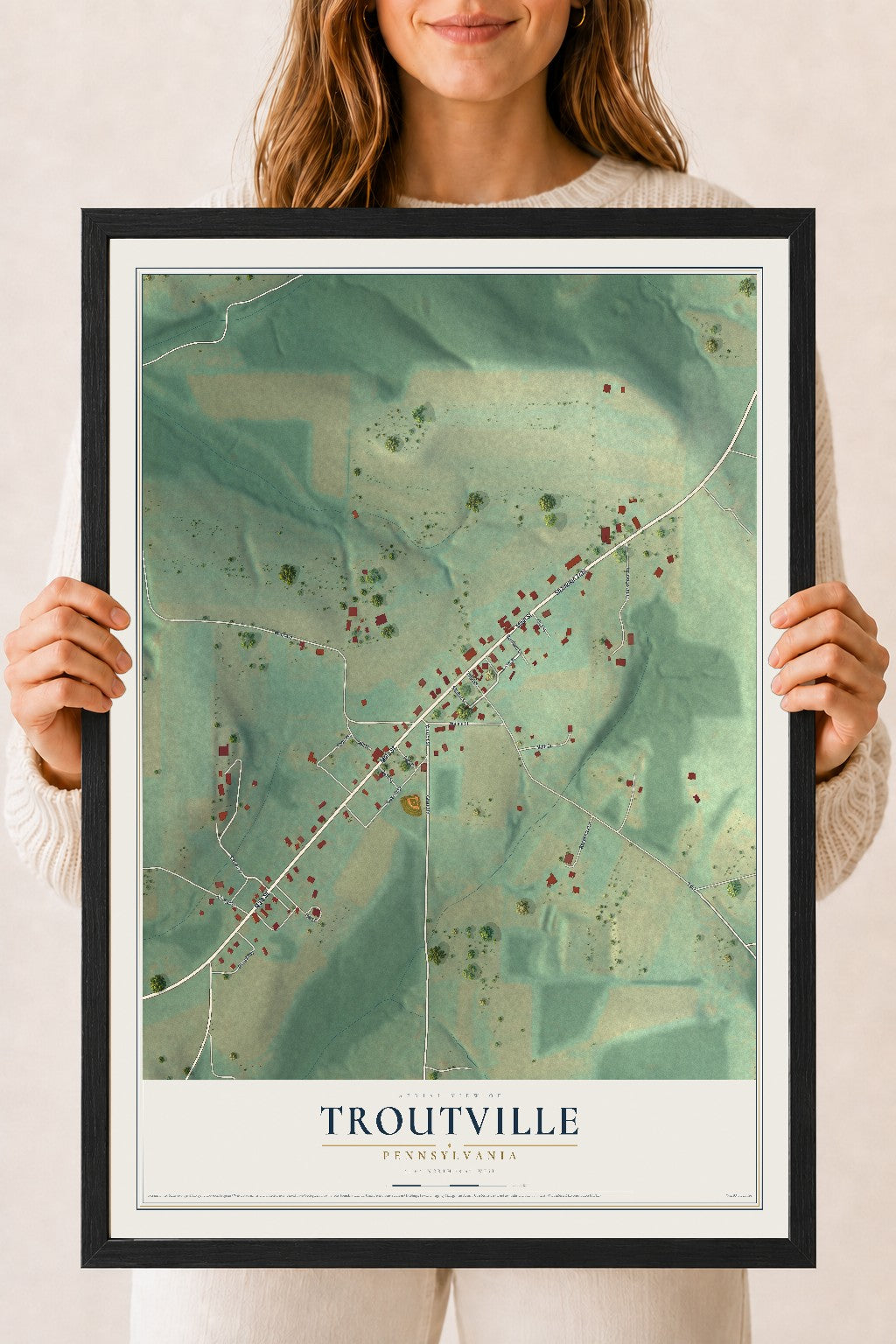 Map of Troutville, Pennsylvania, 18 x 24 inch print in a black wood frame