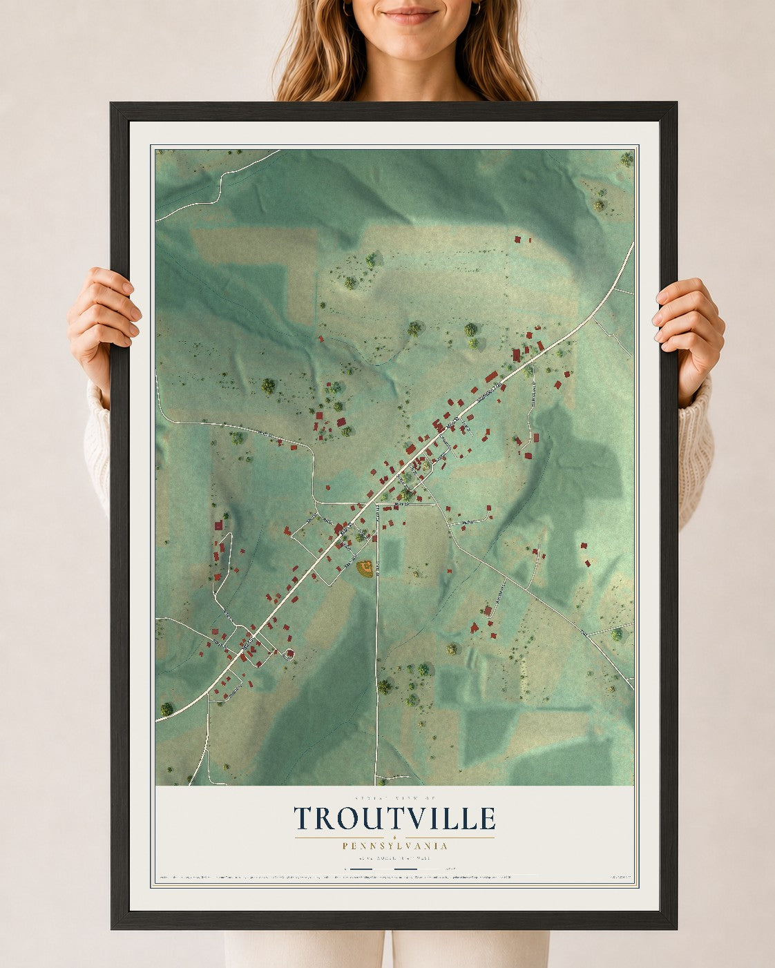 Map of Troutville, Pennsylvania, 24 x 36 inch print in a black wood frame