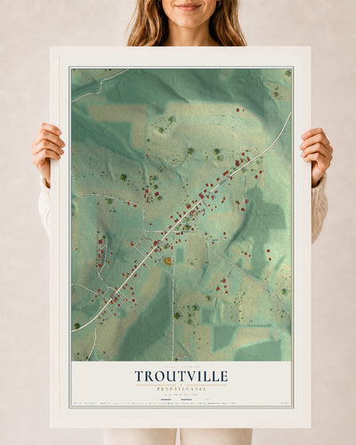 Map of Troutville, Pennsylvania, 24 x 36 inch print in a white wood frame