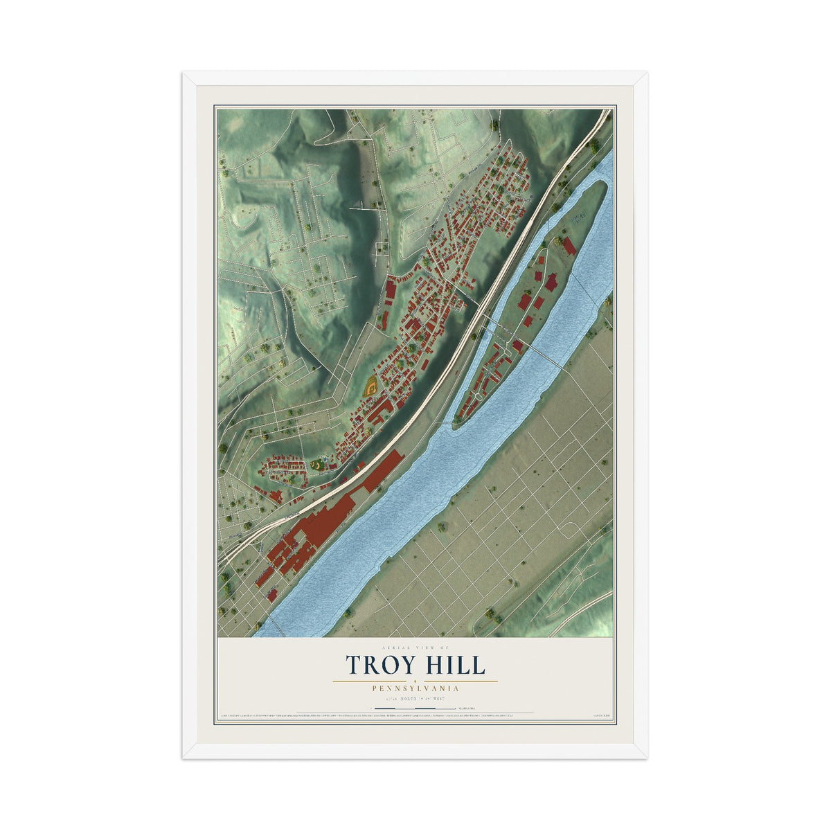 Map of Troy Hill, Pennsylvania, 12 x 18 inch print in a white wood frame