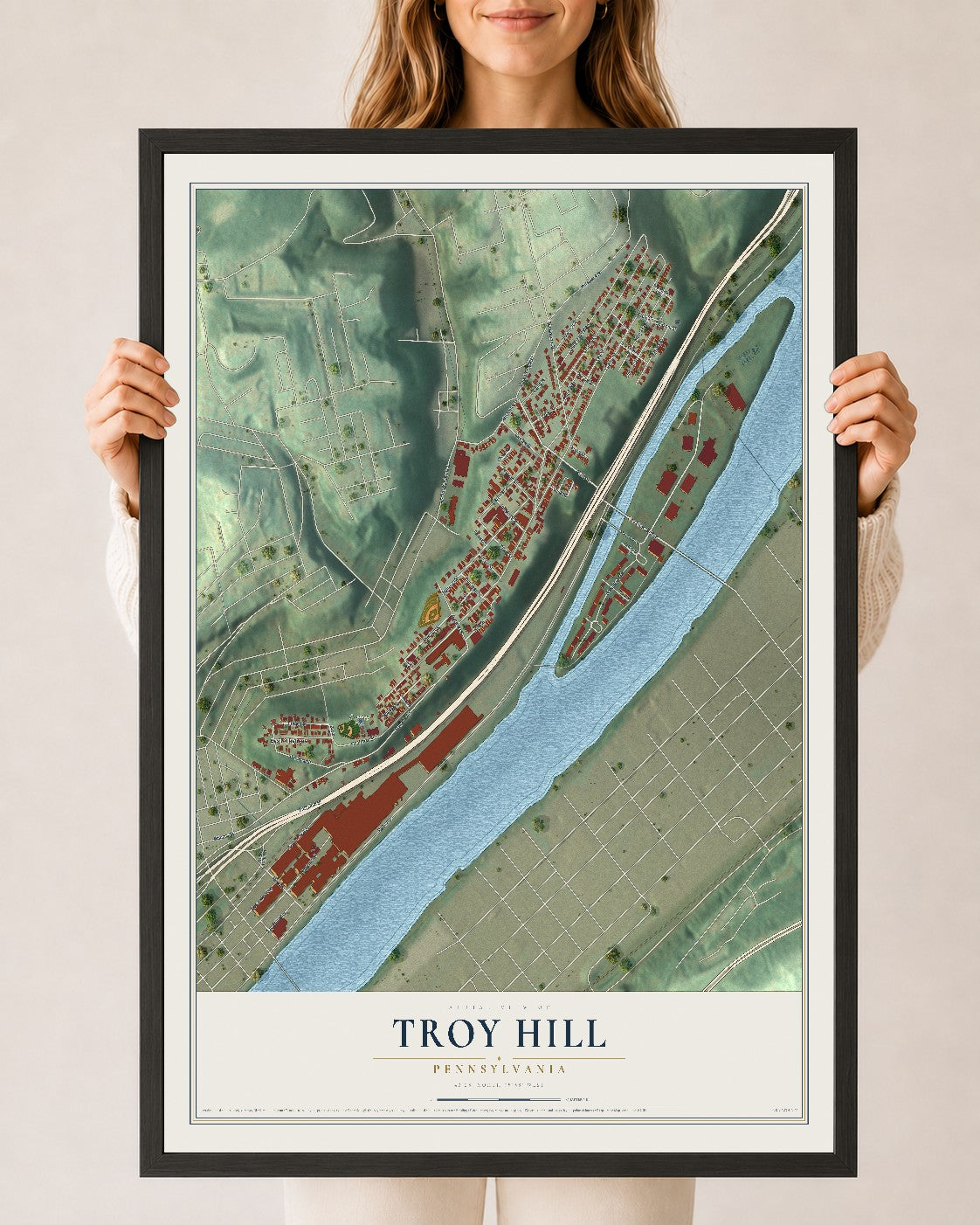 Map of Troy Hill, Pennsylvania, 24 x 36 inch print in a black wood frame