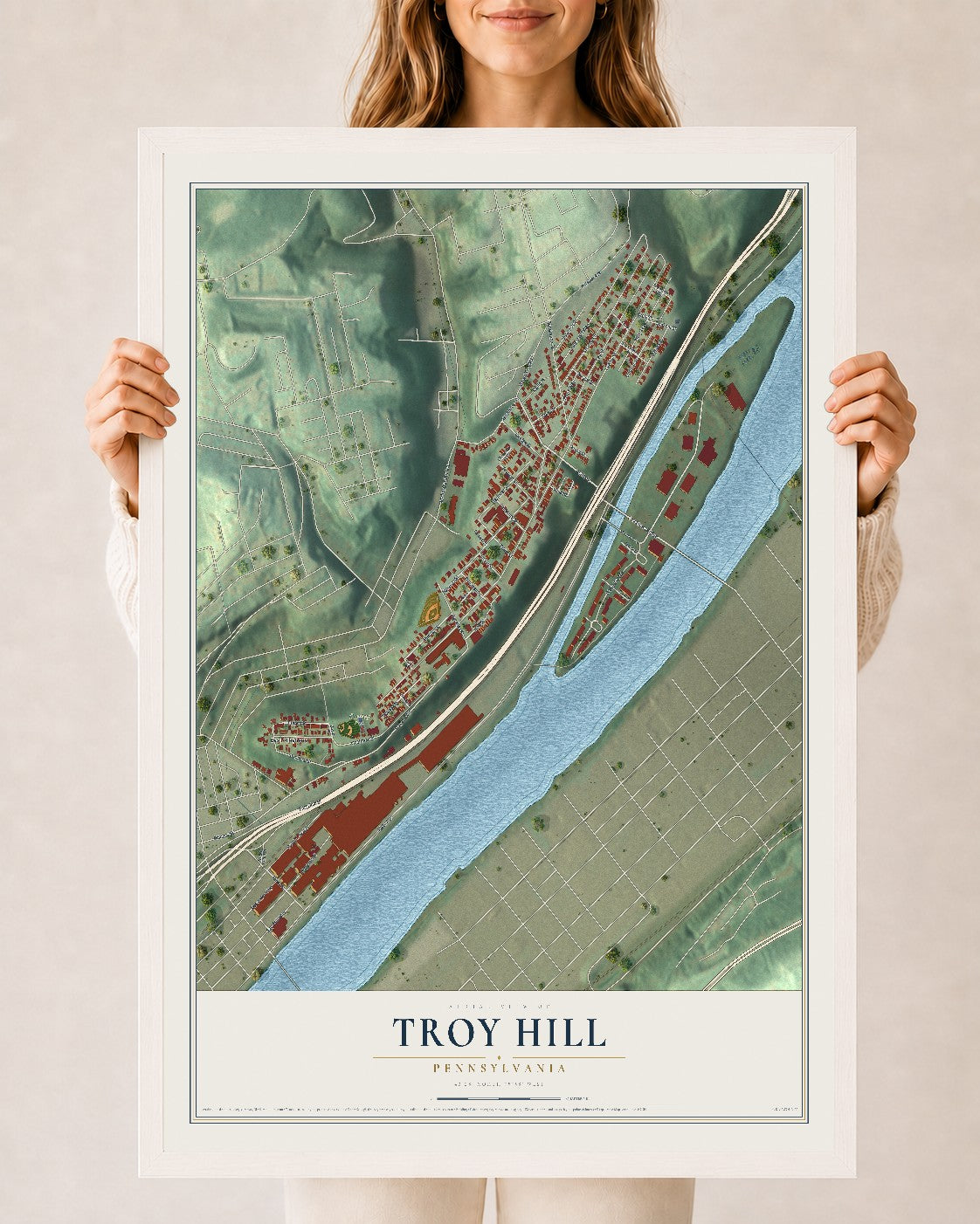 Map of Troy Hill, Pennsylvania, 24 x 36 inch print in a white wood frame