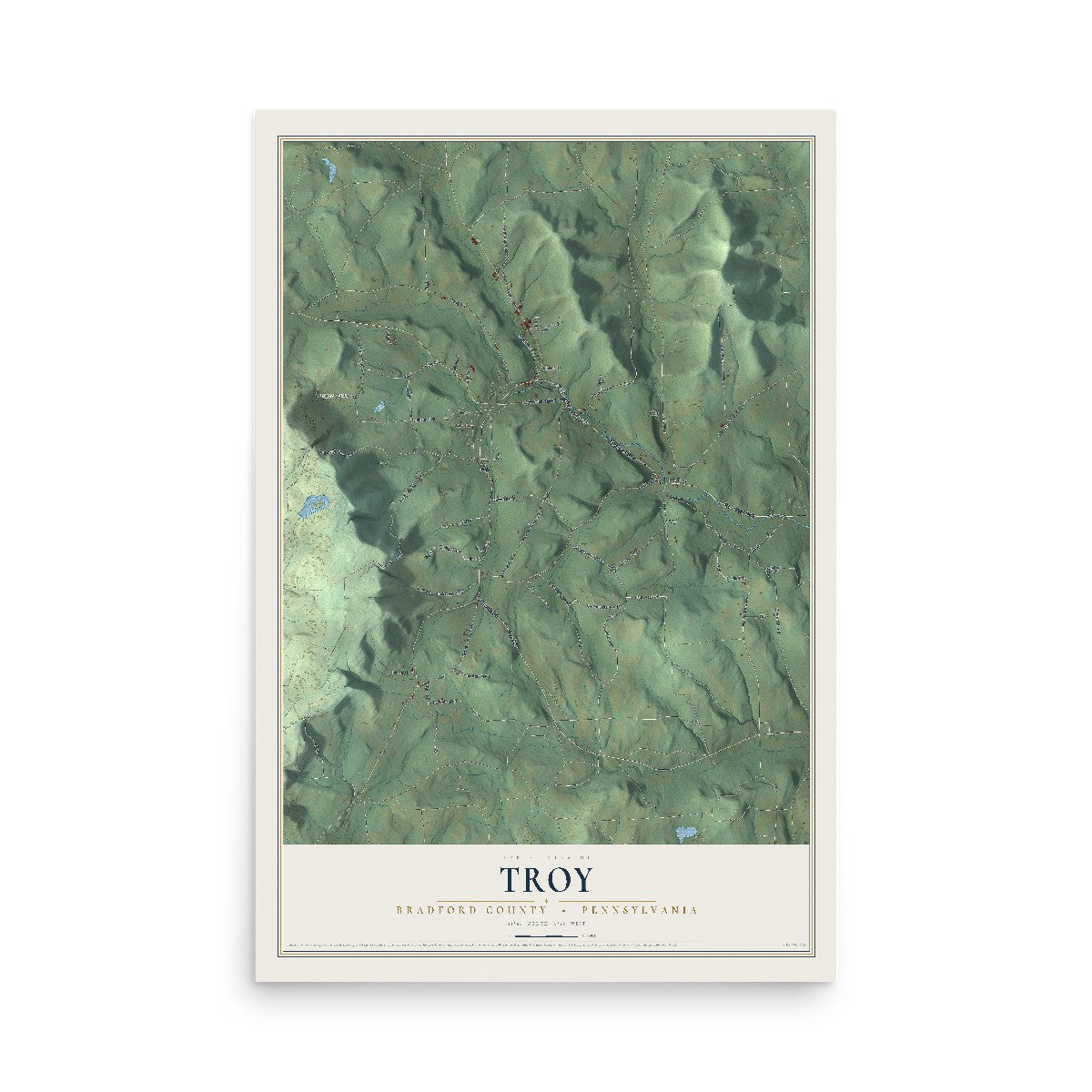 Map of Troy, Bradford County, Pennsylvania, 12 x 18 inch unframed archival matte print