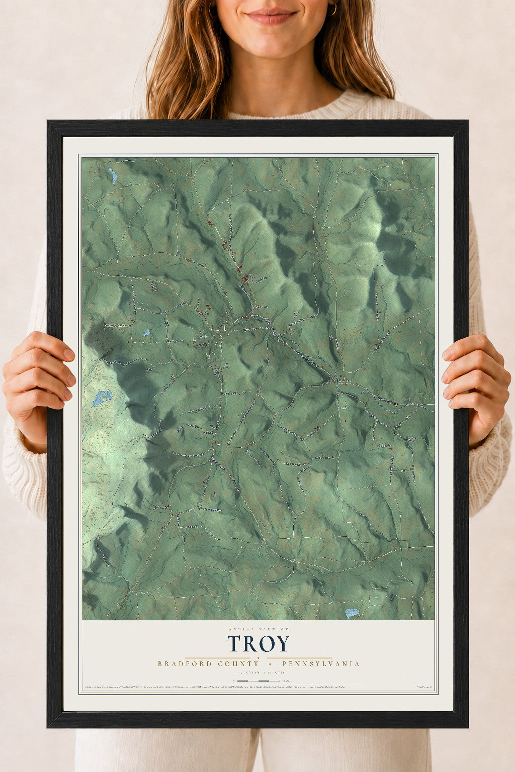 Map of Troy, Bradford County, Pennsylvania, 18 x 24 inch print in a black wood frame