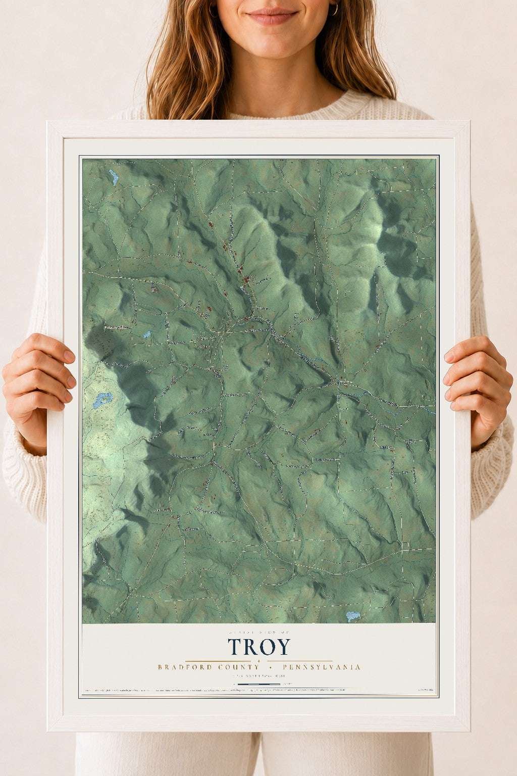Map of Troy, Bradford County, Pennsylvania, 18 x 24 inch print in a white wood frame