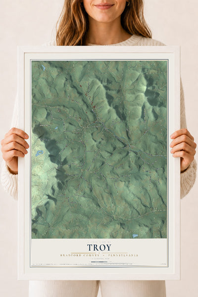 Map of Troy, Bradford County, Pennsylvania, 18 x 24 inch print in a white wood frame