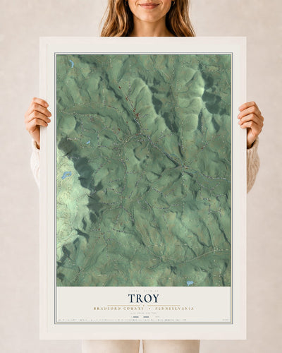 Map of Troy, Bradford County, Pennsylvania, 24 x 36 inch print in a white wood frame