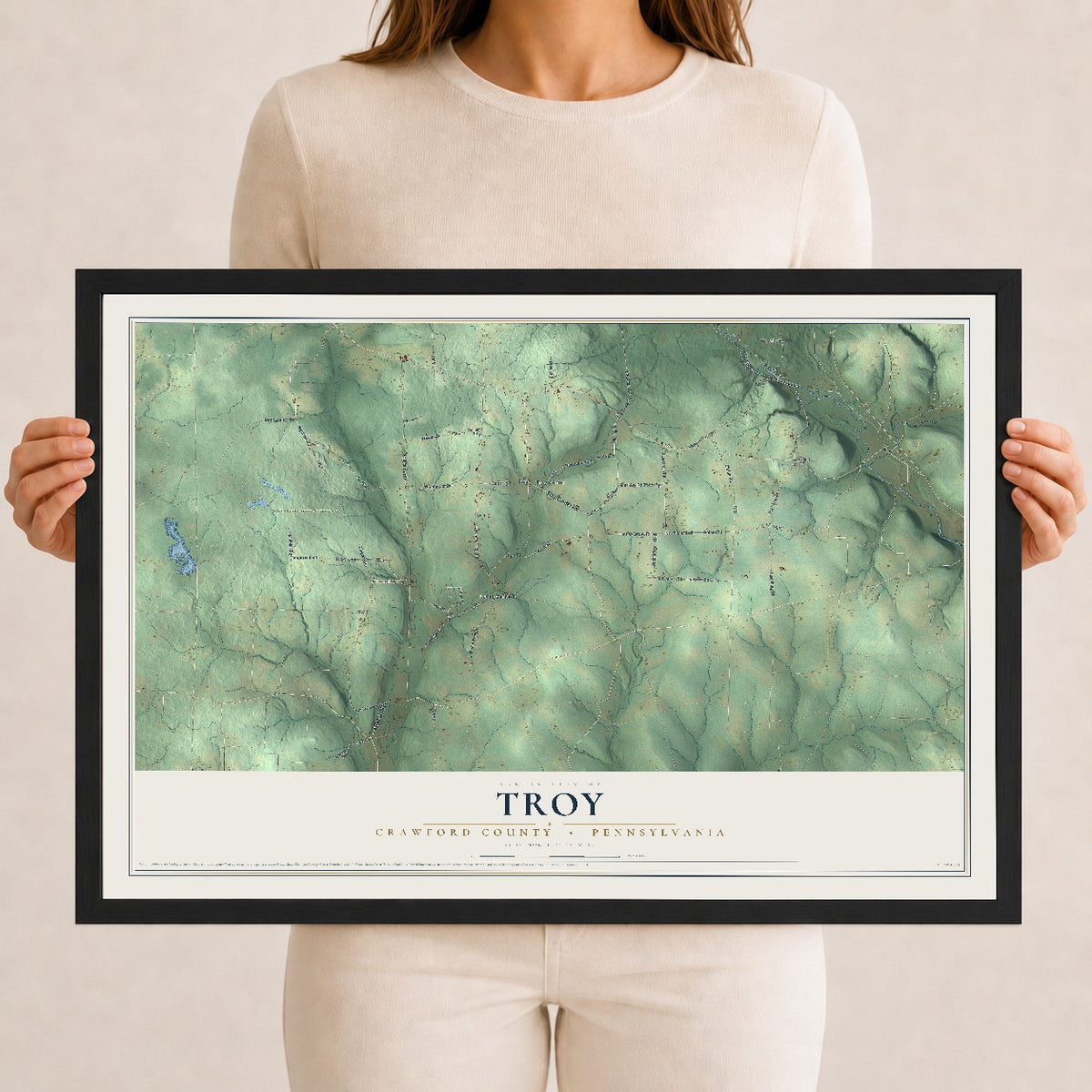 Map of Troy, Crawford County, Pennsylvania, 12 x 18 inch print in a black wood frame