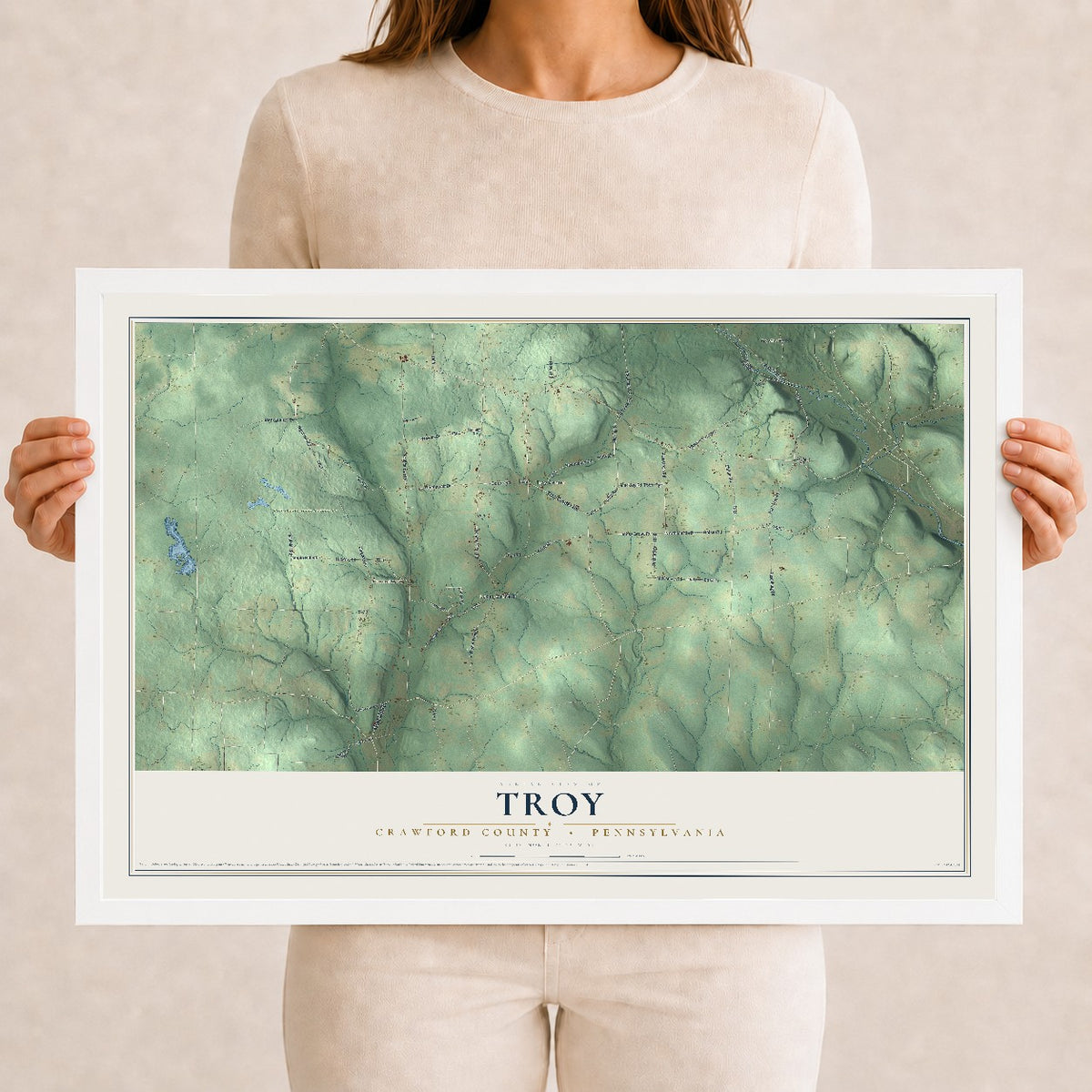 Map of Troy, Crawford County, Pennsylvania, 12 x 18 inch print in a white wood frame