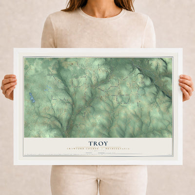 Map of Troy, Crawford County, Pennsylvania, 12 x 18 inch print in a white wood frame
