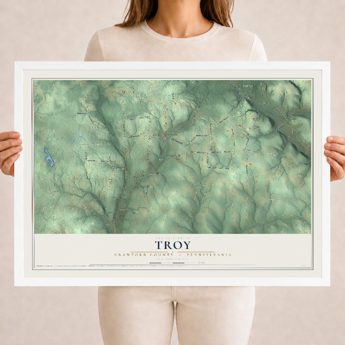 Map of Troy, Crawford County, Pennsylvania, 18 x 24 inch print in a white wood frame