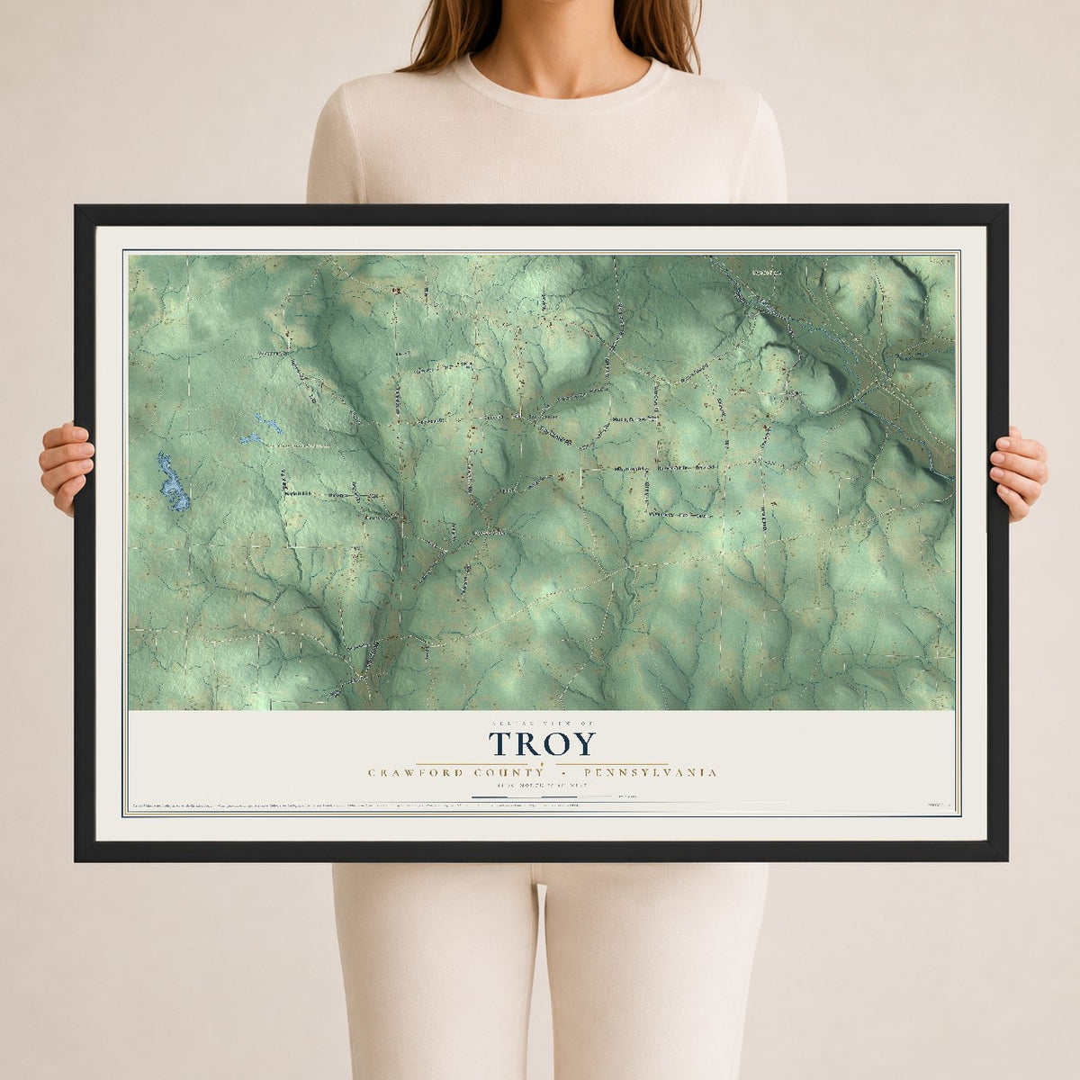 Map of Troy, Crawford County, Pennsylvania, 24 x 36 inch print in a black wood frame