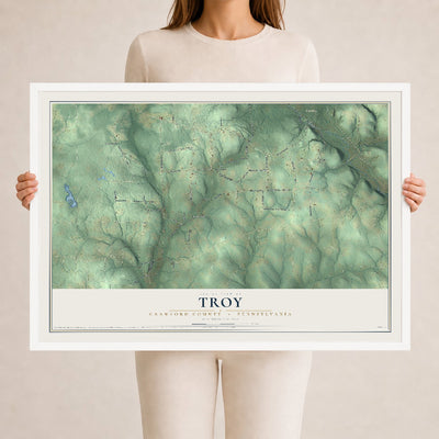 Map of Troy, Crawford County, Pennsylvania, 24 x 36 inch print in a white wood frame