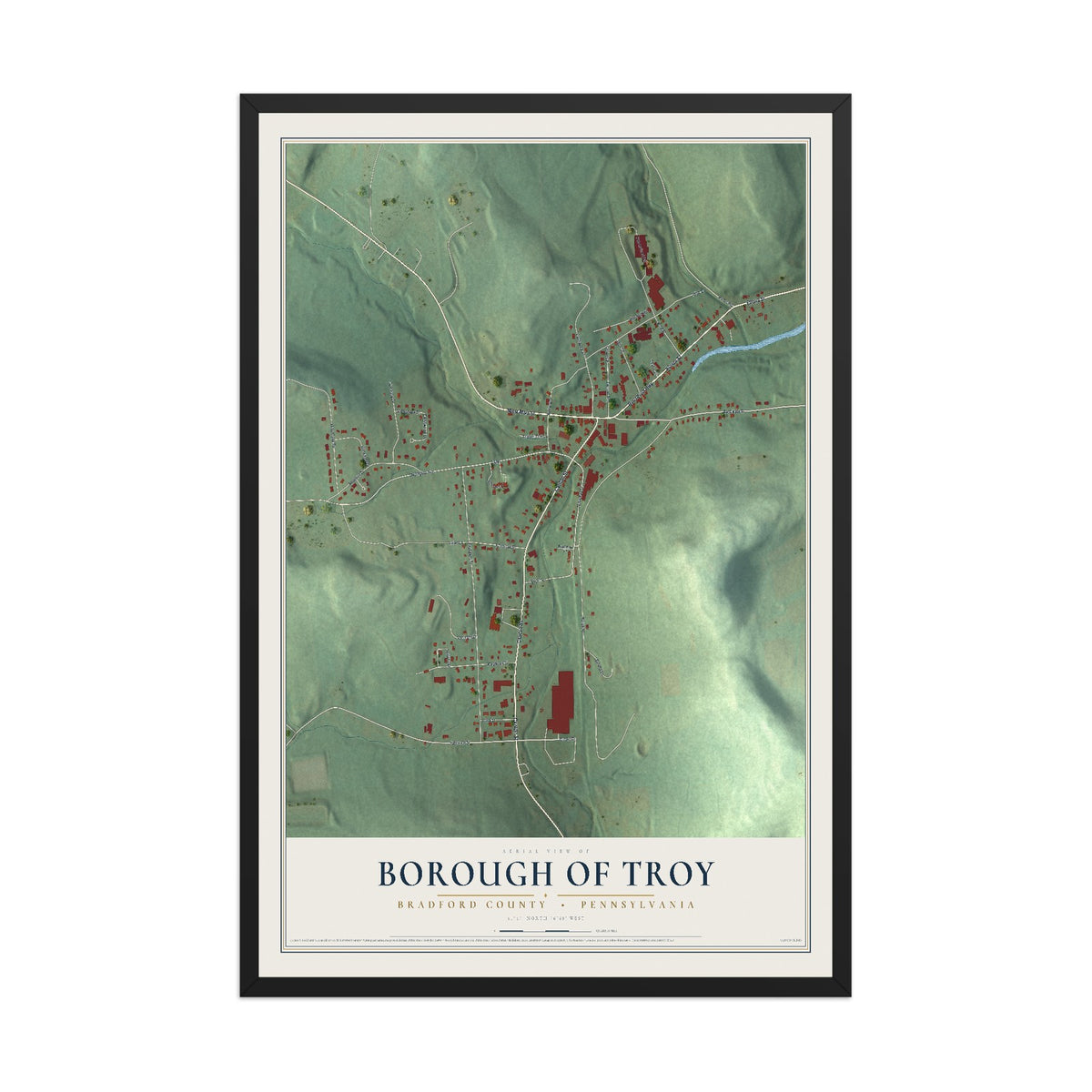 Map of the Borough of Troy, Bradford County, Pennsylvania, 12 x 18 inch print in a black wood frame