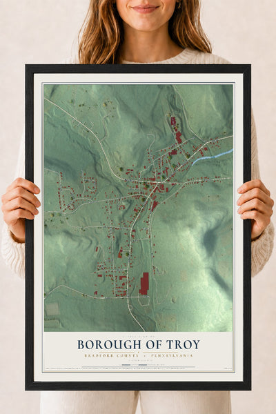 Map of the Borough of Troy, Bradford County, Pennsylvania, 18 x 24 inch print in a black wood frame
