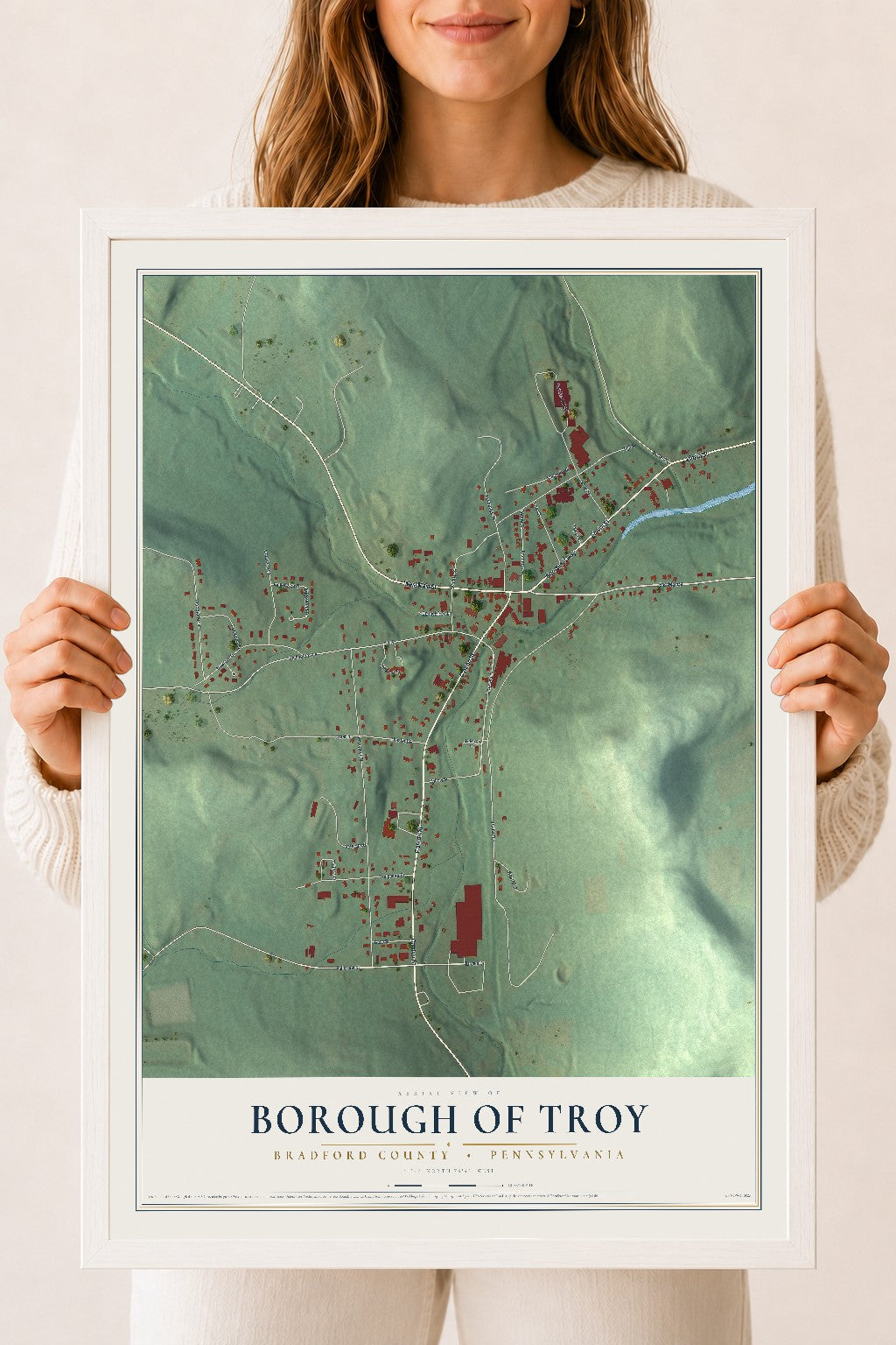 Map of the Borough of Troy, Bradford County, Pennsylvania, 18 x 24 inch print in a white wood frame