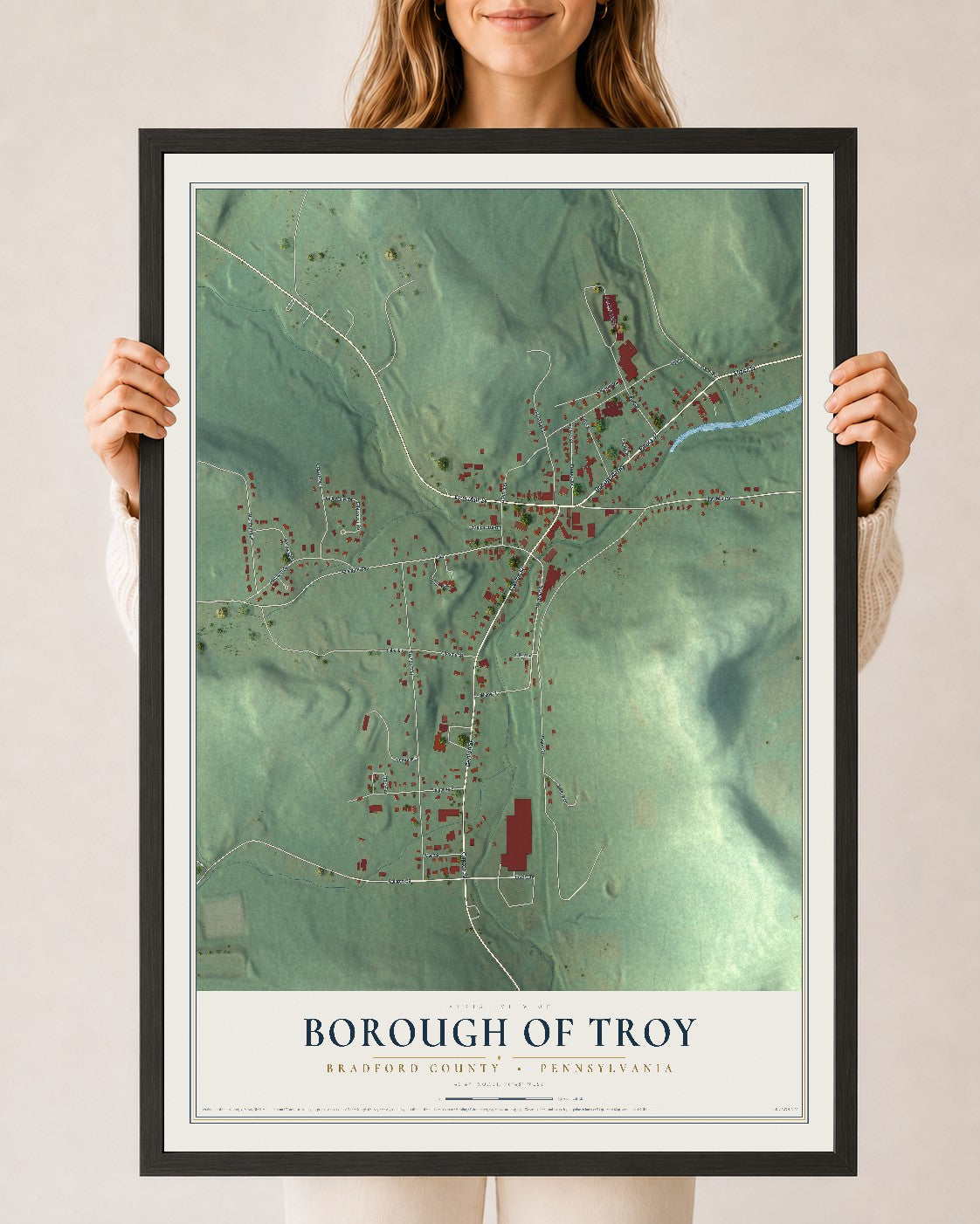 Map of the Borough of Troy, Bradford County, Pennsylvania, 24 x 36 inch print in a black wood frame