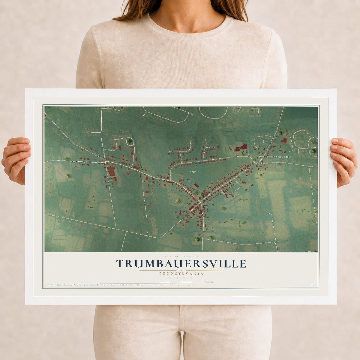 Map of Trumbauersville, Pennsylvania, 12 x 18 inch print in a white wood frame