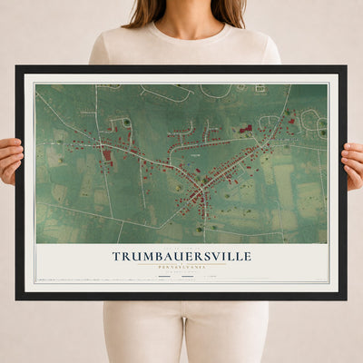Map of Trumbauersville, Pennsylvania, 18 x 24 inch print in a black wood frame