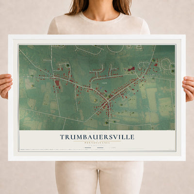 Map of Trumbauersville, Pennsylvania, 18 x 24 inch print in a white wood frame