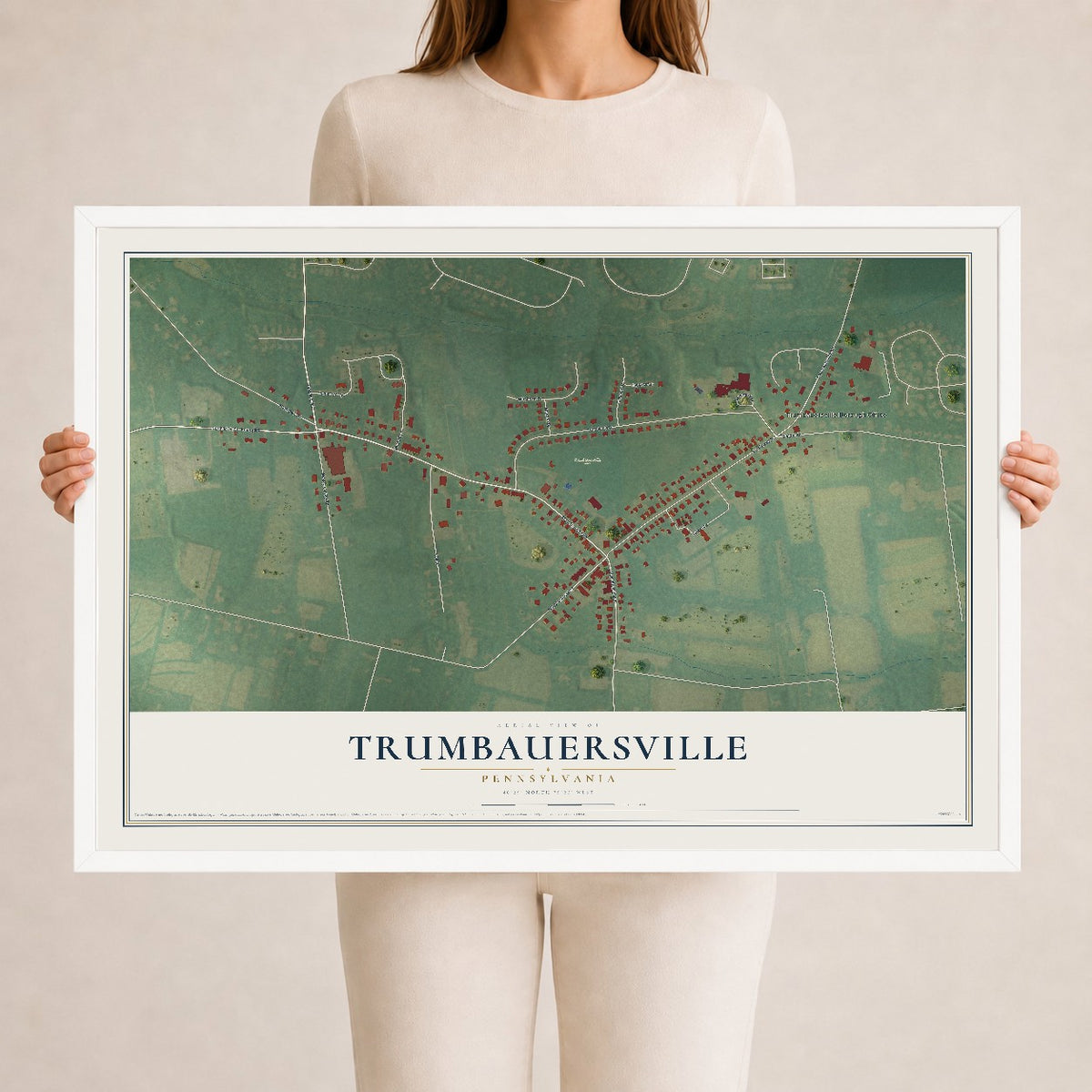 Map of Trumbauersville, Pennsylvania, 24 x 36 inch print in a white wood frame