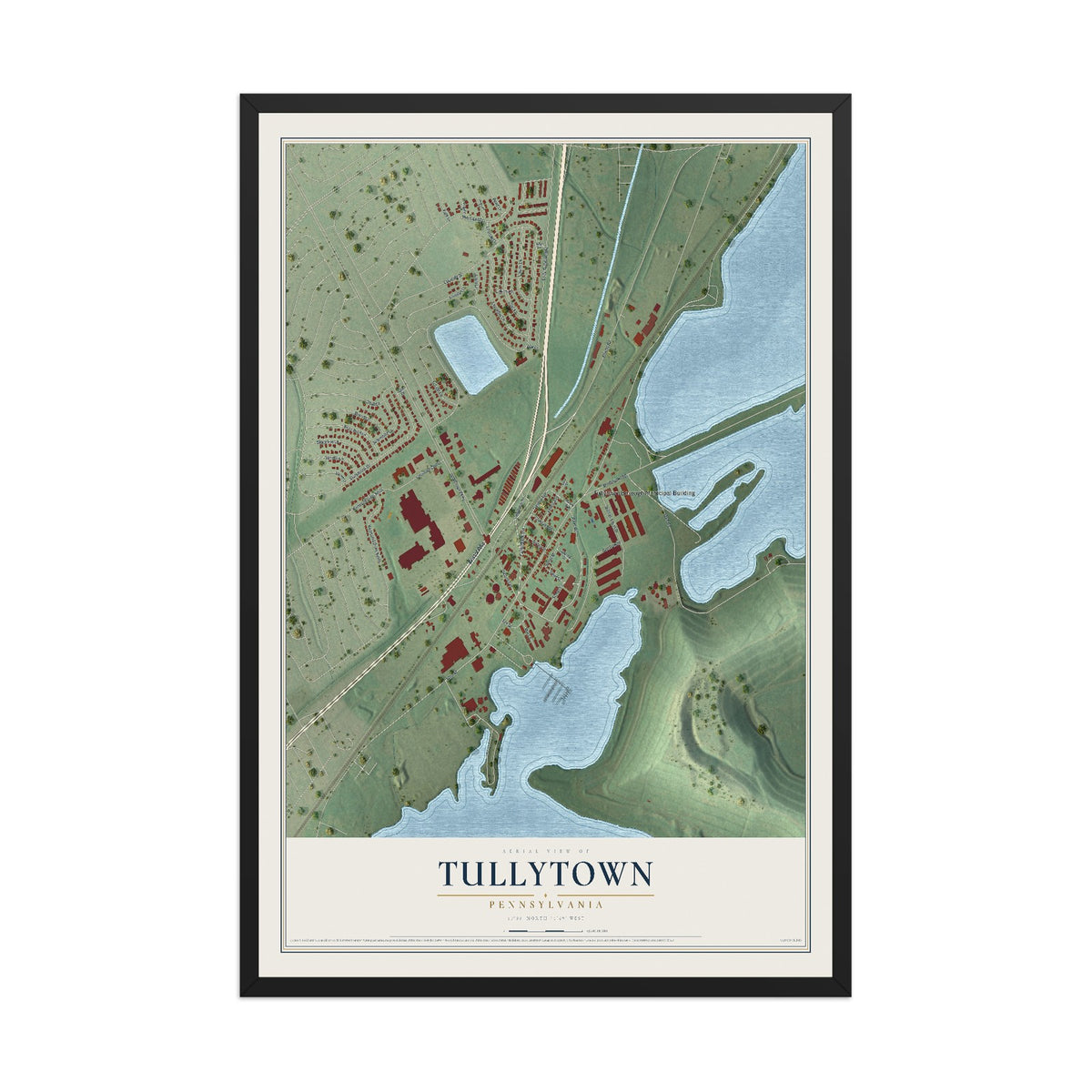 Map of Tullytown, Pennsylvania, 12 x 18 inch print in a black wood frame