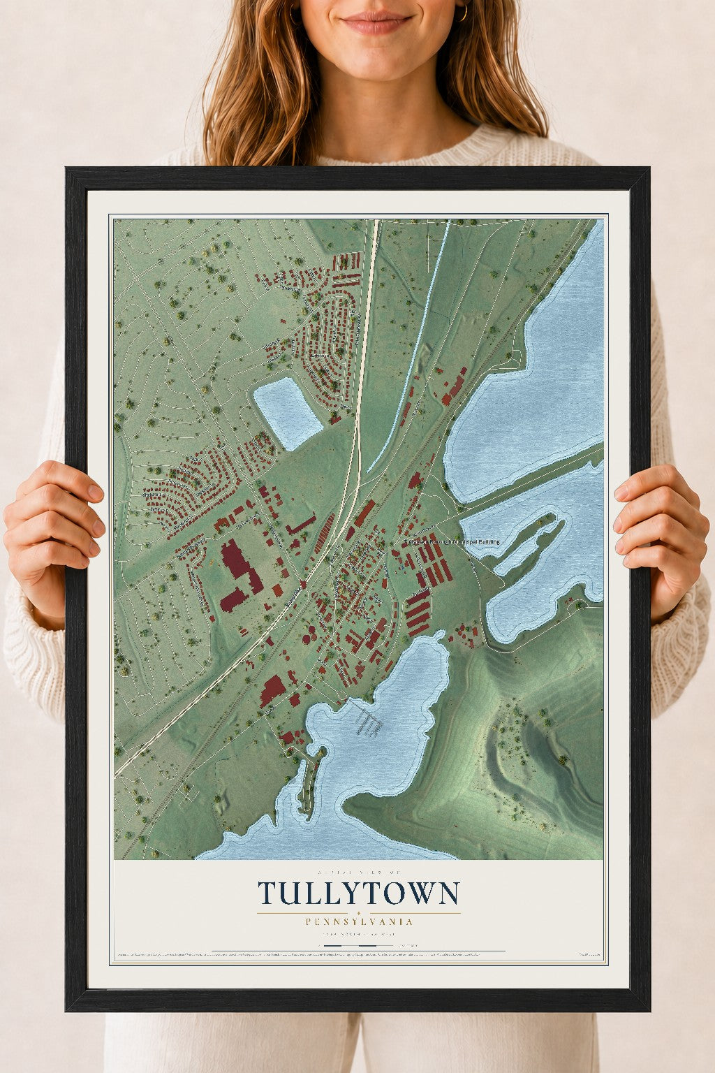Map of Tullytown, Pennsylvania, 18 x 24 inch print in a black wood frame