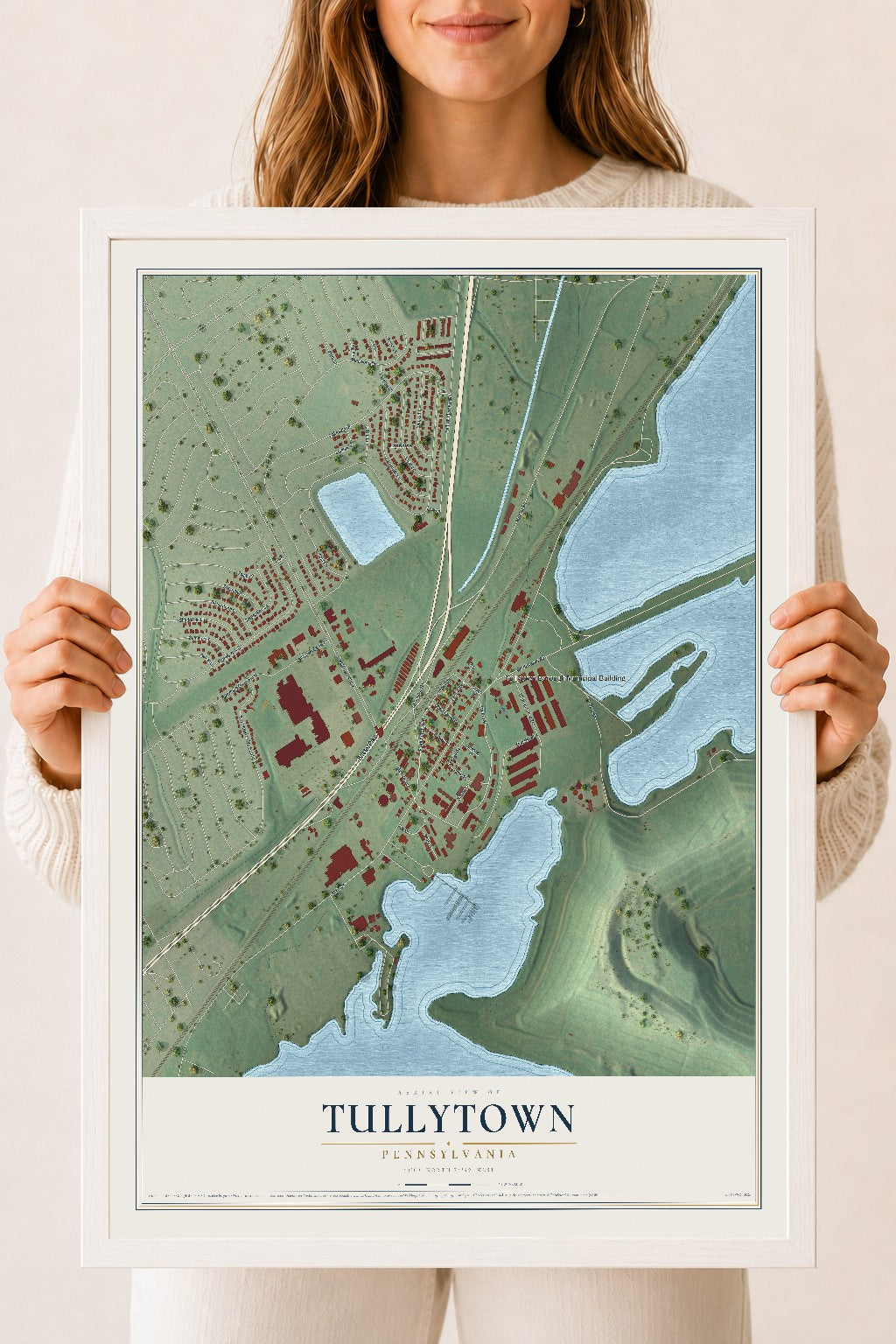Map of Tullytown, Pennsylvania, 18 x 24 inch print in a white wood frame