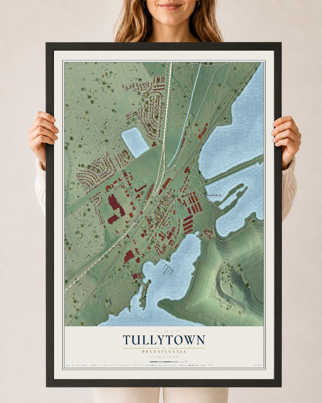 Map of Tullytown, Pennsylvania, 24 x 36 inch print in a black wood frame