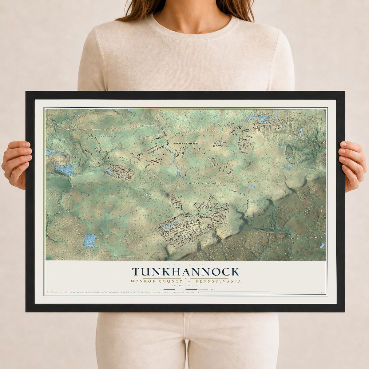 Map of Tunkhannock, Monroe County, Pennsylvania, 12 x 18 inch print in a black wood frame