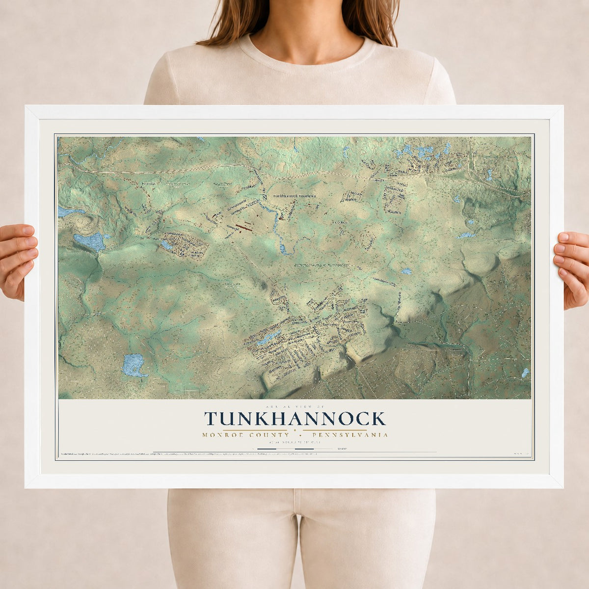 Map of Tunkhannock, Monroe County, Pennsylvania, 18 x 24 inch print in a white wood frame