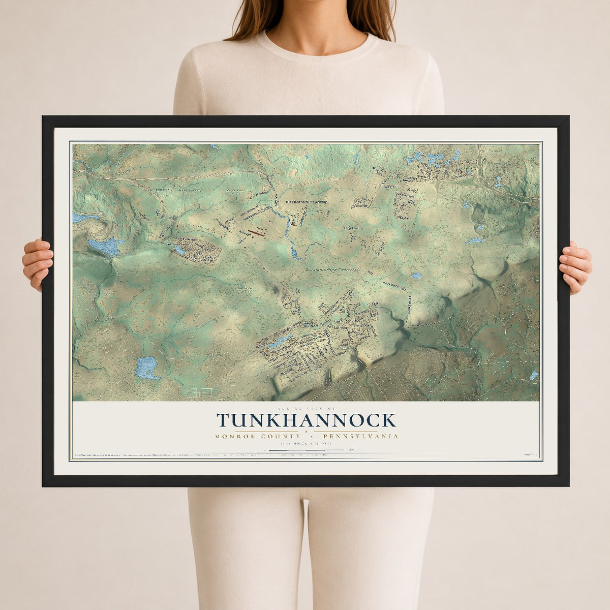 Map of Tunkhannock, Monroe County, Pennsylvania, 24 x 36 inch print in a black wood frame