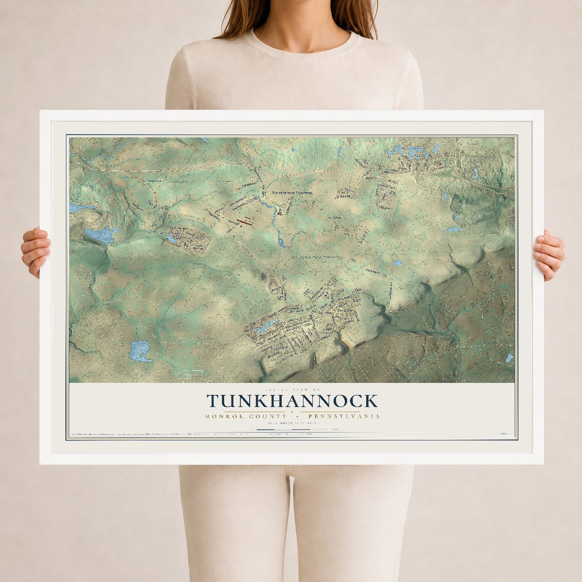 Map of Tunkhannock, Monroe County, Pennsylvania, 24 x 36 inch print in a white wood frame
